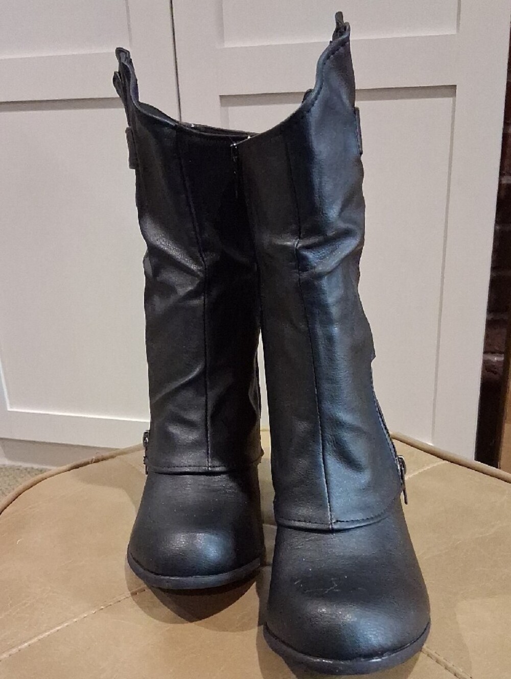 Cupid Black Mid-Calf Wedge Zip Boots Western Biker - Picture 2 of 10